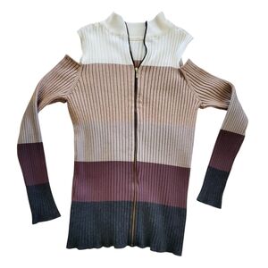 Chicos Striped Shine Cold-Shoulder Pullover Sweater‎ Womens 2 US Large Zip Back